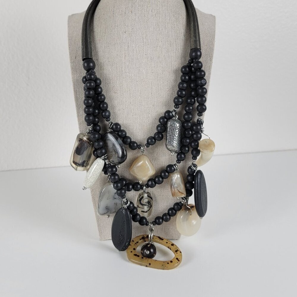 Chico's Tribal Statement Bib Necklace 22 In Black And Earth Tone Layered BOHO